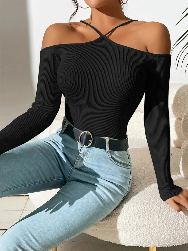 New Spring Summer Women Basics Cold Shoulder Ribbed Knit Cross Neck Sweater Top Femme Backless Y2k Long Sleeve Pullovers Clothes