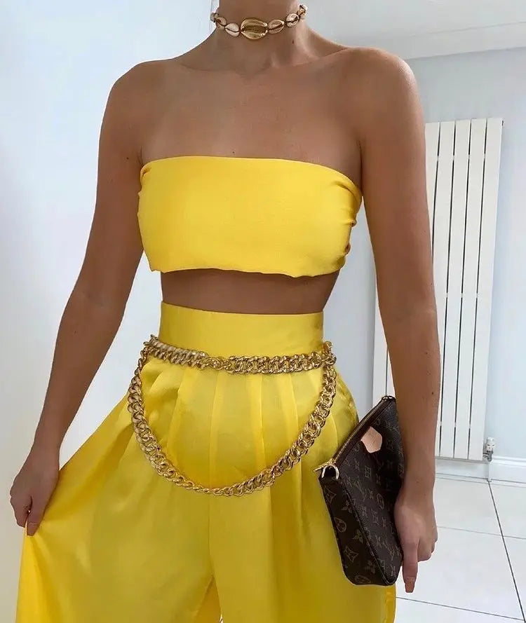 Summer Street Solid Color Sexy Cross Neck Sleeveless Halter Jacket High Waist Wide  Leg Pants Women'S Clothing Two-Piece Uit