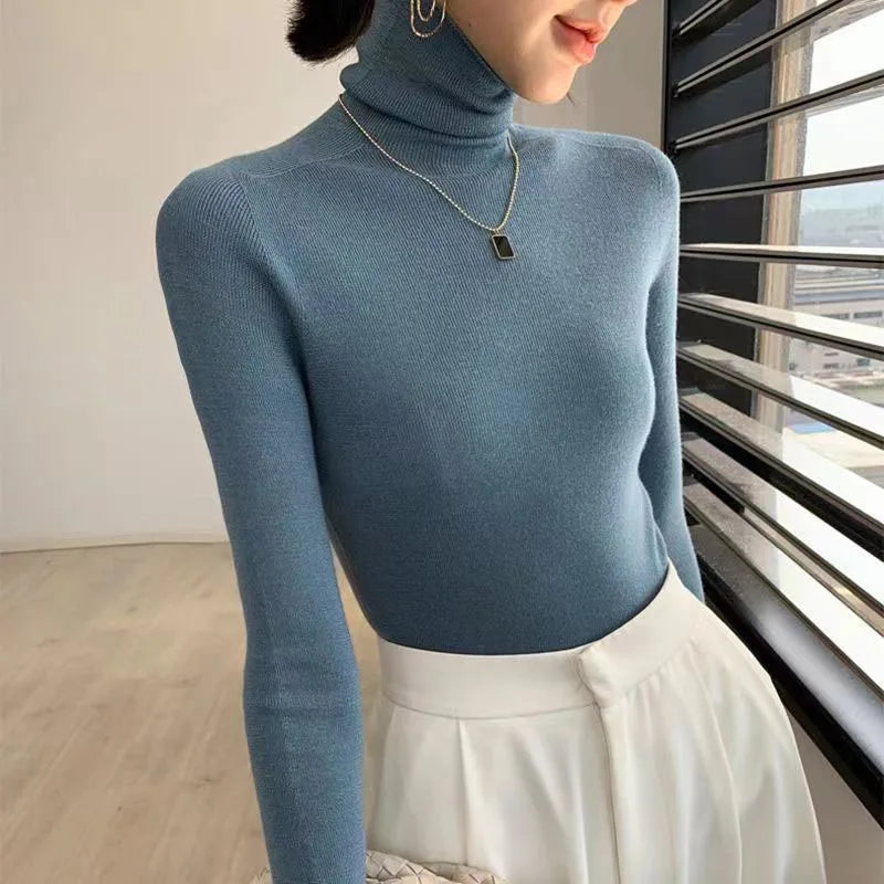 Lucyever Turtleneck Sweater for Women Autumn Winter Basic Solid Knitted Jumpers Tops Korean Casual Slim Long Sleeve Pullovers