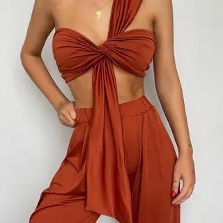 Summer Street Solid Color Sexy Cross Neck Sleeveless Halter Jacket High Waist Wide  Leg Pants Women'S Clothing Two-Piece Uit