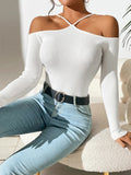 New Spring Summer Women Basics Cold Shoulder Ribbed Knit Cross Neck Sweater Top Femme Backless Y2k Long Sleeve Pullovers Clothes