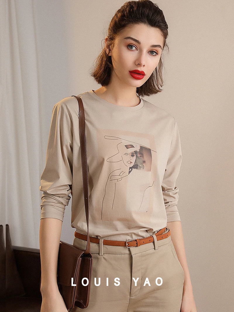 LOUIS YAO Women Tees Undershirt 2023 Autumn Long Sleeve O Neck Printed Long Sleeve T-shirt Women Top Casual Basic All Match Top