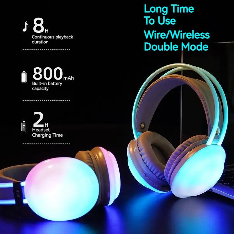 New Wireless Bluetooth Headphones RGB Flowing Colorful Lamp Head Earphones Hifi Stereo Noise Reduction Gaming Headsets With Mic