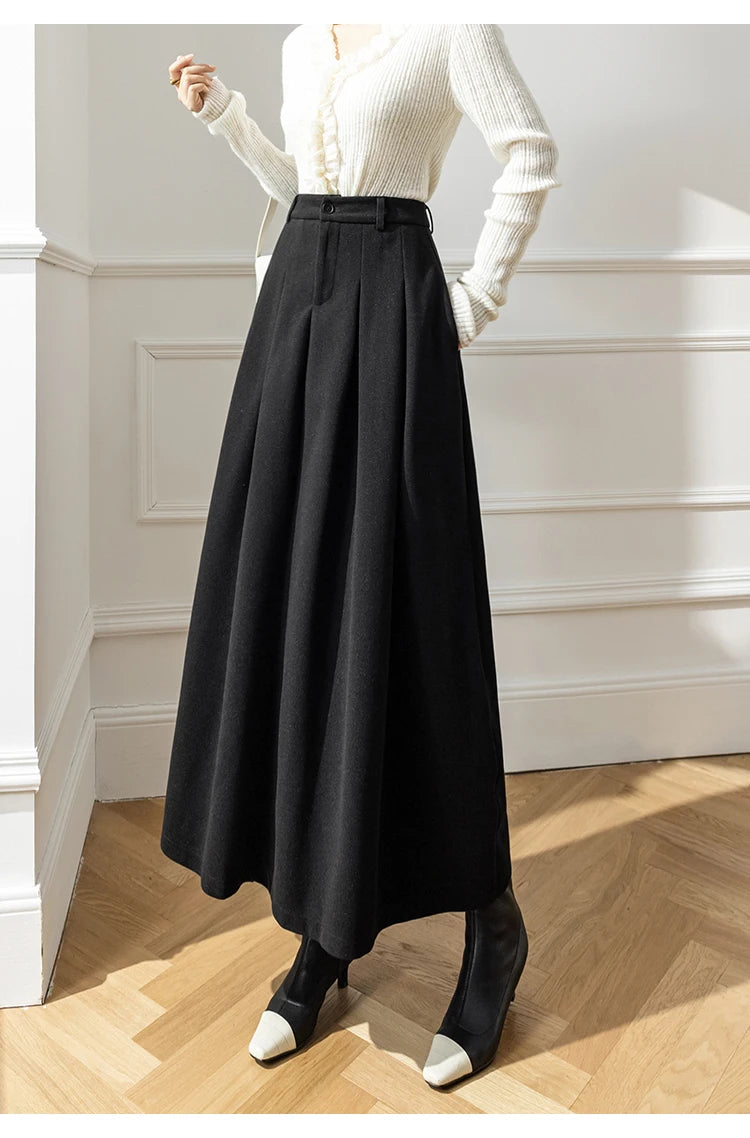 Elegant Women Faux Woolen Skirts For Office Ladies Pockets Casual Loose A-Line High Waist Midi Skirt 2023 Autumn Winter SK11