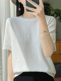 3D Relief Ice Silk Knitted Short Sleeved Women's Round Neck Loose Thin Jacquard Top Wth a Base T-shirt  2024Hot Selling Items