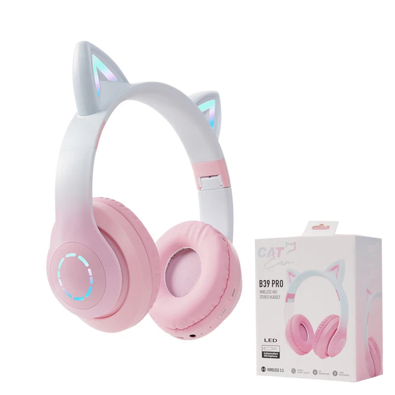 Wireless Headphone Flash Light Cute Cat Ears with Mic Control LED Kid Girl Stereo Music Helmet Phone Bluetooth Headset Gift