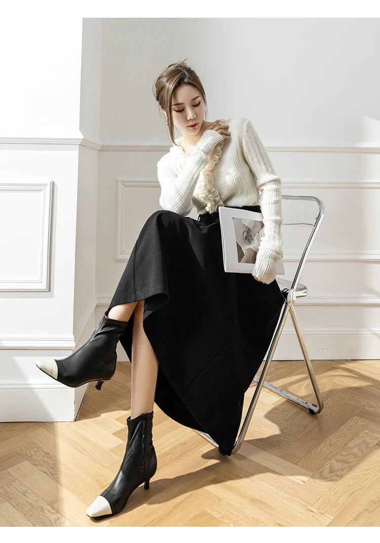 Elegant Women Faux Woolen Skirts For Office Ladies Pockets Casual Loose A-Line High Waist Midi Skirt 2023 Autumn Winter SK11