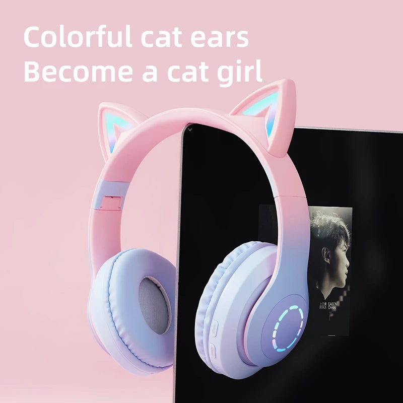 Wireless Headphone Flash Light Cute Cat Ears with Mic Control LED Kid Girl Stereo Music Helmet Phone Bluetooth Headset Gift