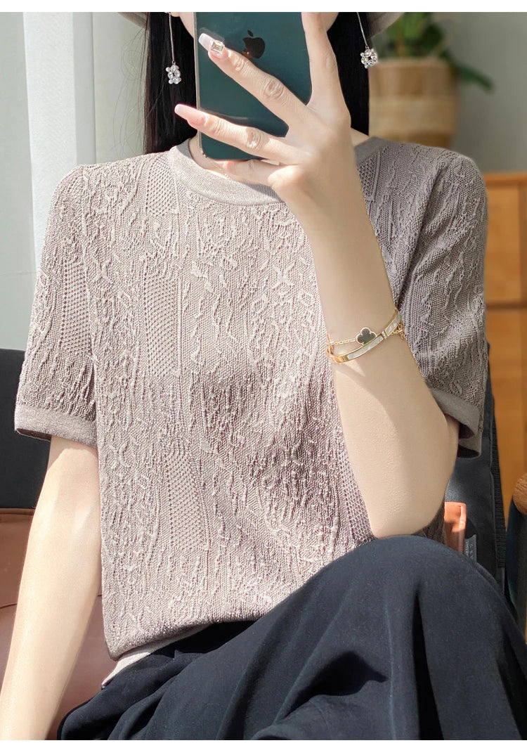 3D Relief Ice Silk Knitted Short Sleeved Women's Round Neck Loose Thin Jacquard Top Wth a Base T-shirt  2024Hot Selling Items