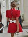 2024 Elegant Women Luxury Formal Hollow Red O-neck Mini Dress Fashion Bow Pad Shoulder Evening Dresses Lady Street Party Vestido