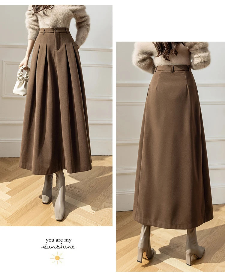 Elegant Women Faux Woolen Skirts For Office Ladies Pockets Casual Loose A-Line High Waist Midi Skirt 2023 Autumn Winter SK11