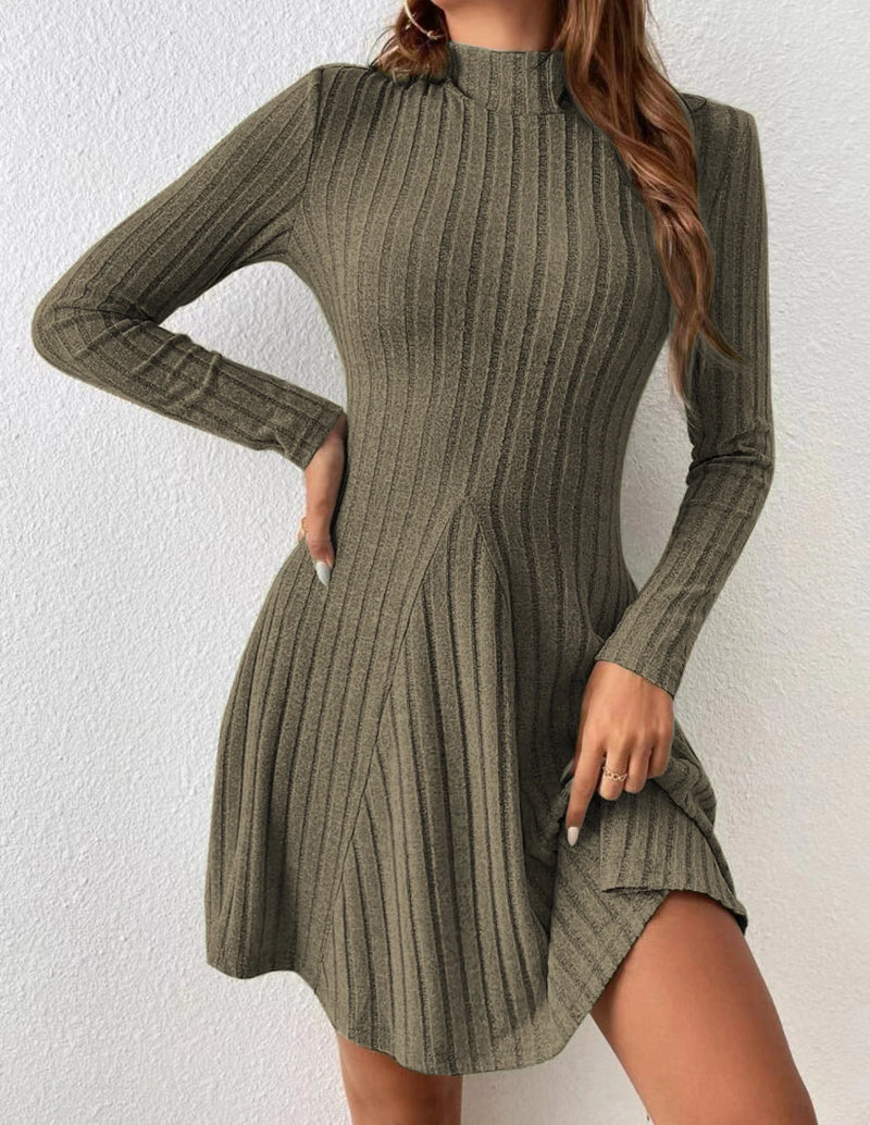 Fashion  Slim  Solid  Color  Ribbed Mock Neck Solid Dress Elegant Long Sleeve Dress For Spring  Fall   Women's  Clothing