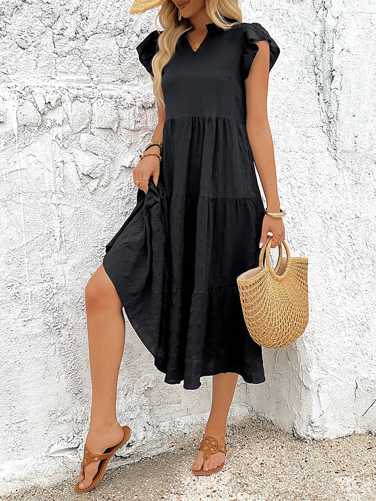 Women's summer fashion retro elegant V-neck solid color vertical zou texture waist long dress