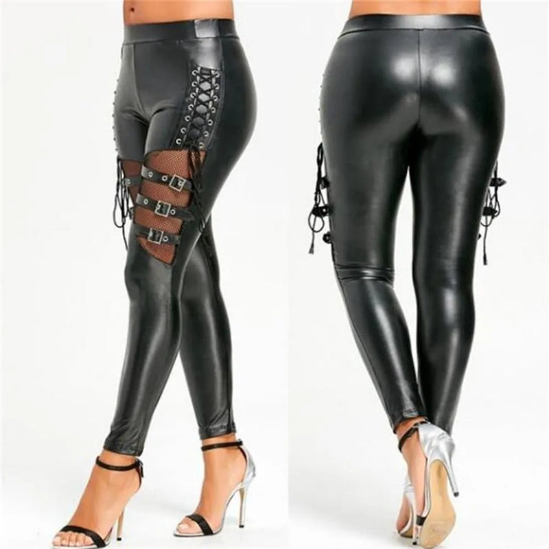 Women Leggings Sexy Like Lace Black Faux Leather Gothic Wet Look Clubwear Latex Legging Pants Slim Sexy Fashion Style New 2021