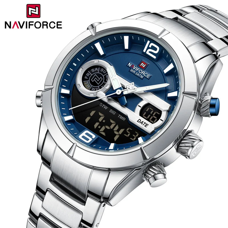 NAVIFORCE Luxury Military Sports Watch For Men Luminous Waterproof Steel Band Quartz Digital Dual Display Wrist Watch Male Clock