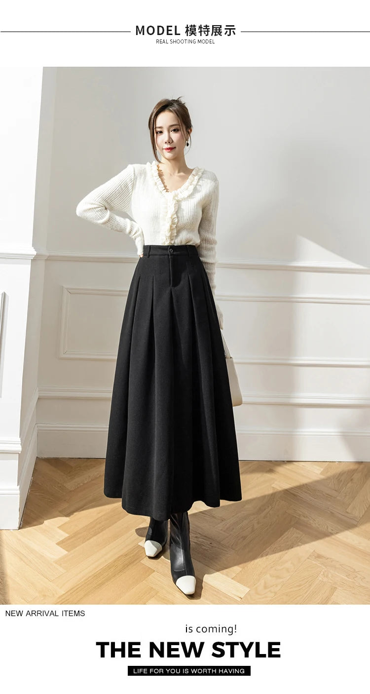 Elegant Women Faux Woolen Skirts For Office Ladies Pockets Casual Loose A-Line High Waist Midi Skirt 2023 Autumn Winter SK11