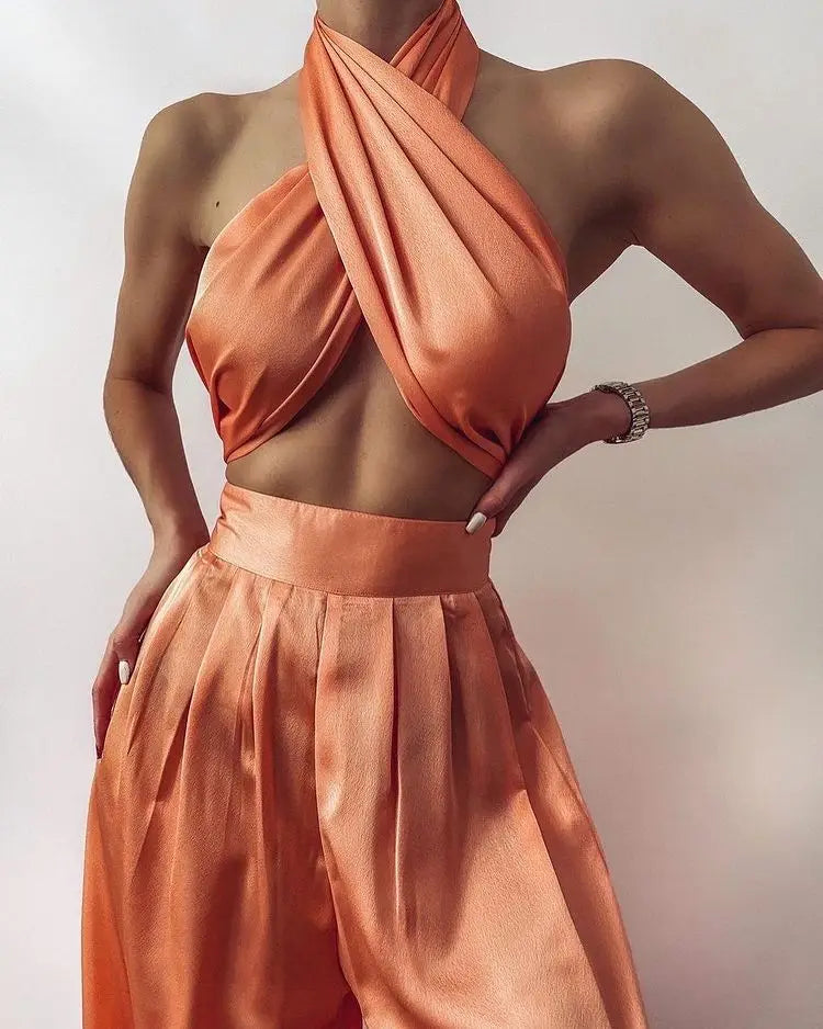 Summer Street Solid Color Sexy Cross Neck Sleeveless Halter Jacket High Waist Wide  Leg Pants Women'S Clothing Two-Piece Uit