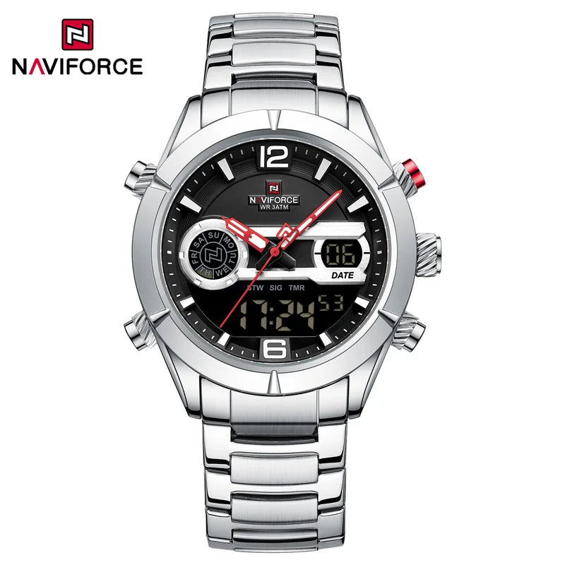 NAVIFORCE Luxury Military Sports Watch For Men Luminous Waterproof Steel Band Quartz Digital Dual Display Wrist Watch Male Clock