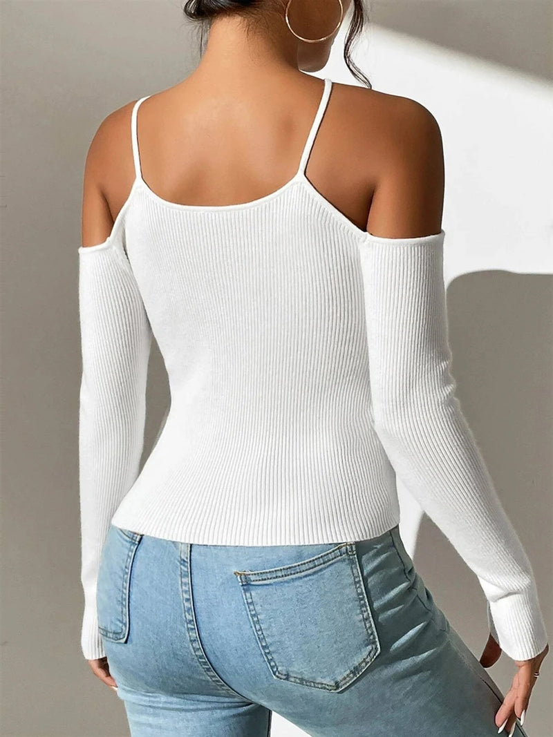 New Spring Summer Women Basics Cold Shoulder Ribbed Knit Cross Neck Sweater Top Femme Backless Y2k Long Sleeve Pullovers Clothes