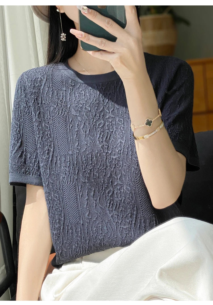 3D Relief Ice Silk Knitted Short Sleeved Women's Round Neck Loose Thin Jacquard Top Wth a Base T-shirt  2024Hot Selling Items