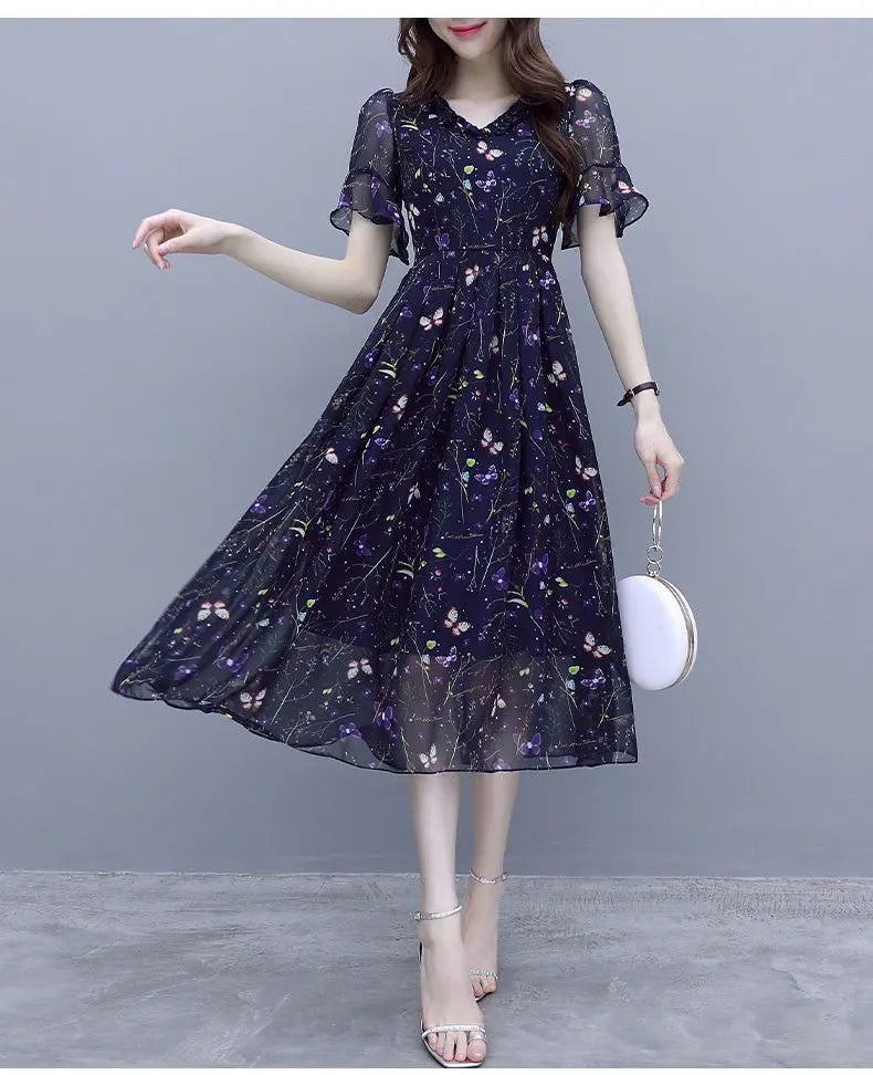 Stylish Casual Butterfly Printed Midi Dress Summer Bandage Elegant V-Neck Female Clothing A-Line Commute Ruffles Spliced Dresses