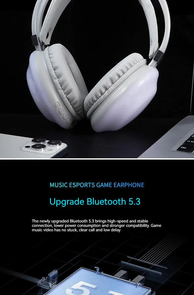 New Wireless Bluetooth Headphones RGB Flowing Colorful Lamp Head Earphones Hifi Stereo Noise Reduction Gaming Headsets With Mic