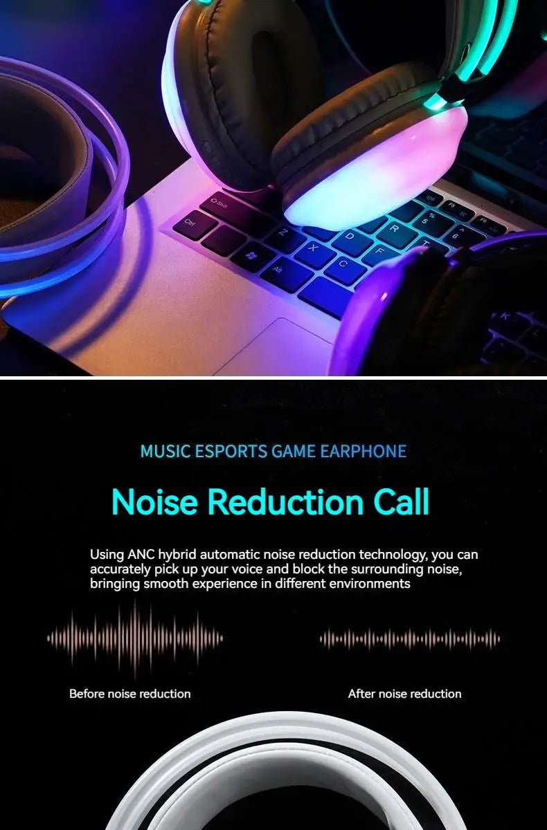 New Wireless Bluetooth Headphones RGB Flowing Colorful Lamp Head Earphones Hifi Stereo Noise Reduction Gaming Headsets With Mic