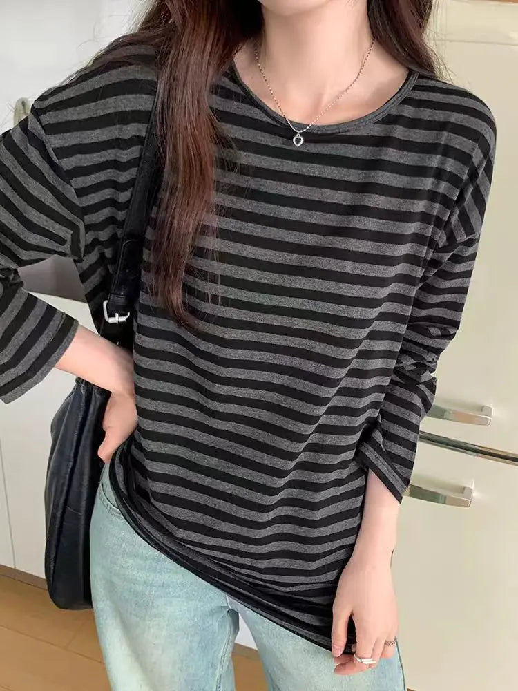 Autumn Women Harajuku Striped T Shirt Long Sleeve O-Neck Casual Oversize Top Femme Streetwear Black Grey Loose Street Tops Y2K