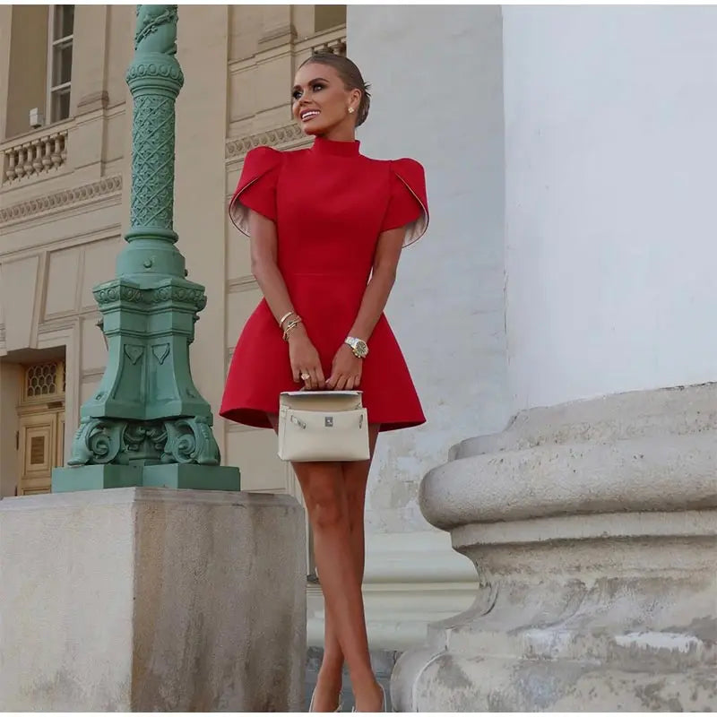 2024 Elegant Women Luxury Formal Hollow Red O-neck Mini Dress Fashion Bow Pad Shoulder Evening Dresses Lady Street Party Vestido