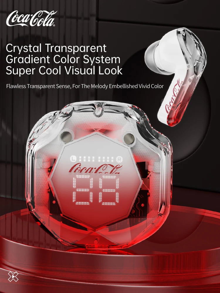 Coca-Cola Diamond Series Bluetooth 5.3 Earphone Wireless Headphones Bass Stereo Ear Buds with Noise Cancelling Mic LED Display