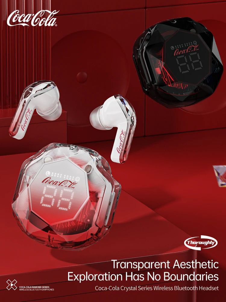 Coca-Cola Diamond Series Bluetooth 5.3 Earphone Wireless Headphones Bass Stereo Ear Buds with Noise Cancelling Mic LED Display