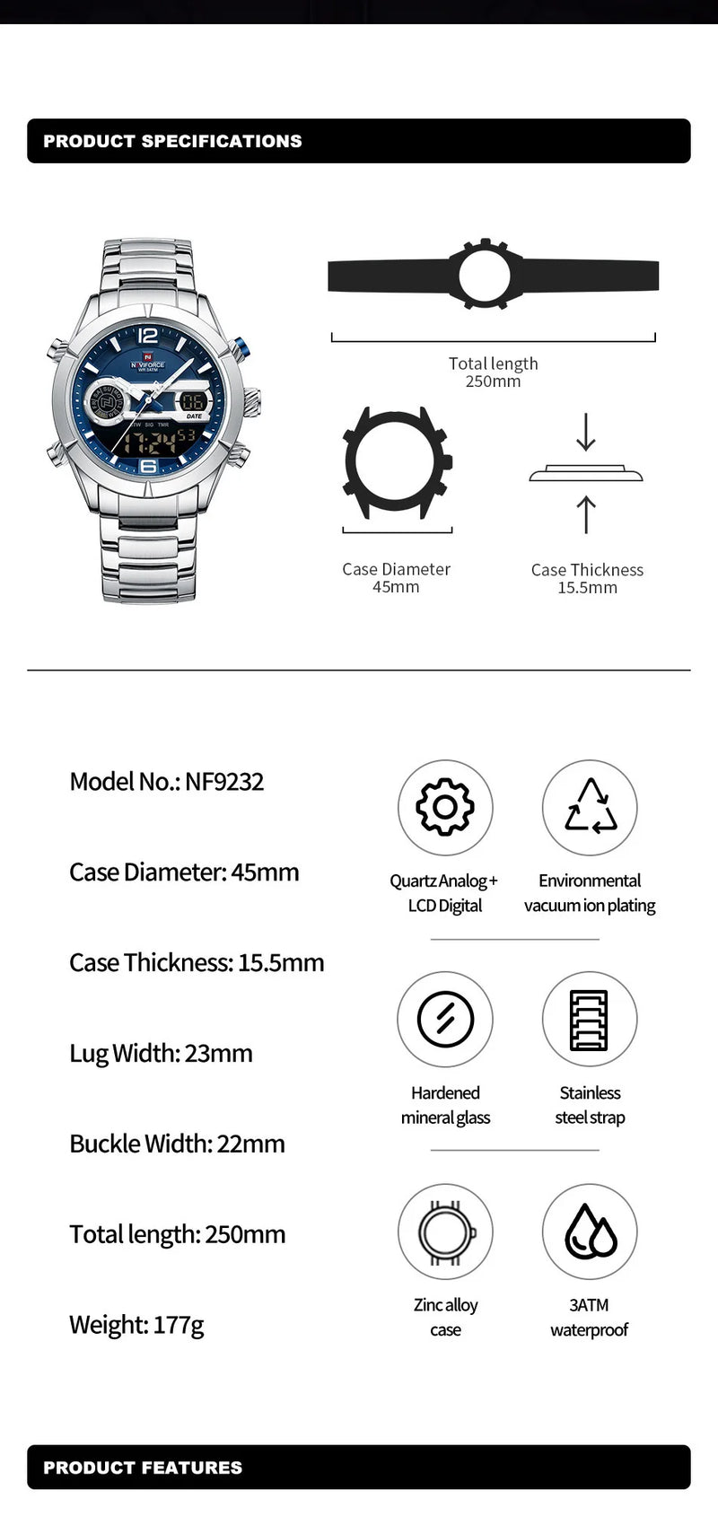 NAVIFORCE Luxury Military Sports Watch For Men Luminous Waterproof Steel Band Quartz Digital Dual Display Wrist Watch Male Clock