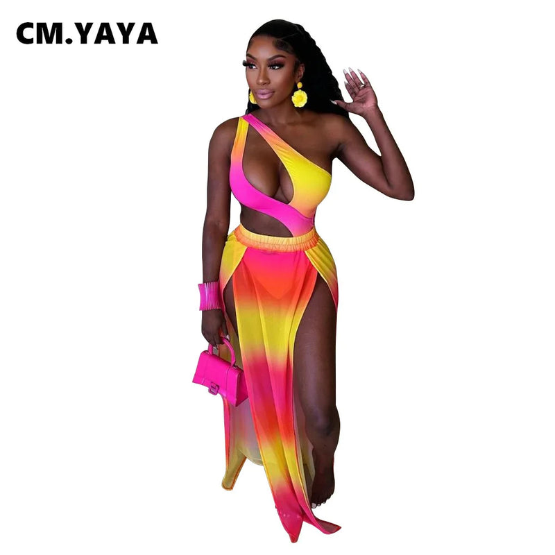 CM.YAYA Women Gradient Maxi Long Skirt Suit and Skew Collar Bodysuit Matching Two 2 Piece Set Outfit 2024 Summer Bikinis Set