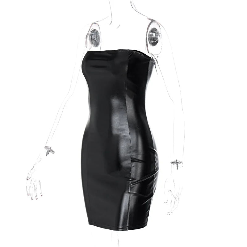 Hugcitar Pu Faux Leather Tube Mini Dress For Women Bodycon Sexy Streetwear Party Club Y2K Clothing Outfits Festival