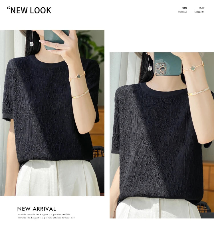 3D Relief Ice Silk Knitted Short Sleeved Women's Round Neck Loose Thin Jacquard Top Wth a Base T-shirt  2024Hot Selling Items