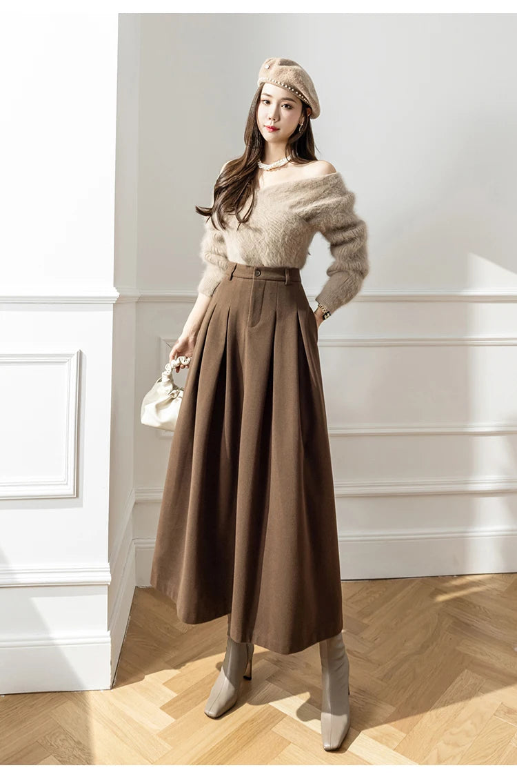 Elegant Women Faux Woolen Skirts For Office Ladies Pockets Casual Loose A-Line High Waist Midi Skirt 2023 Autumn Winter SK11