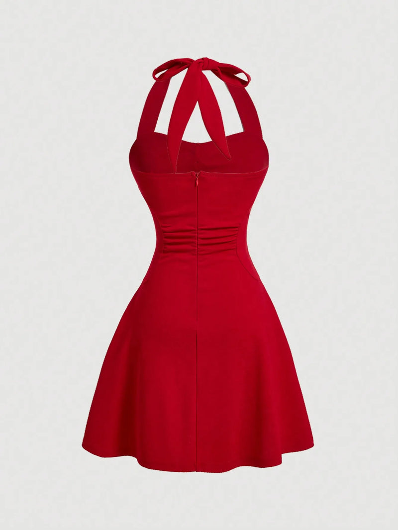 Vestido Halter com Laço Vermelho Feminino