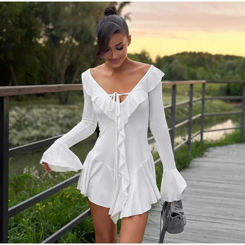 Elegant Ruffled Mini Dress Women Sexy Slim V Neck Lace Up Robe Female 2024 Summer Fashion Flare Sleeves Solid Beach Dresses Lady