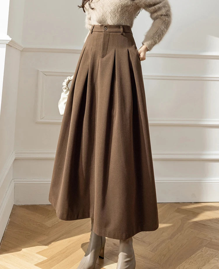 Elegant Women Faux Woolen Skirts For Office Ladies Pockets Casual Loose A-Line High Waist Midi Skirt 2023 Autumn Winter SK11