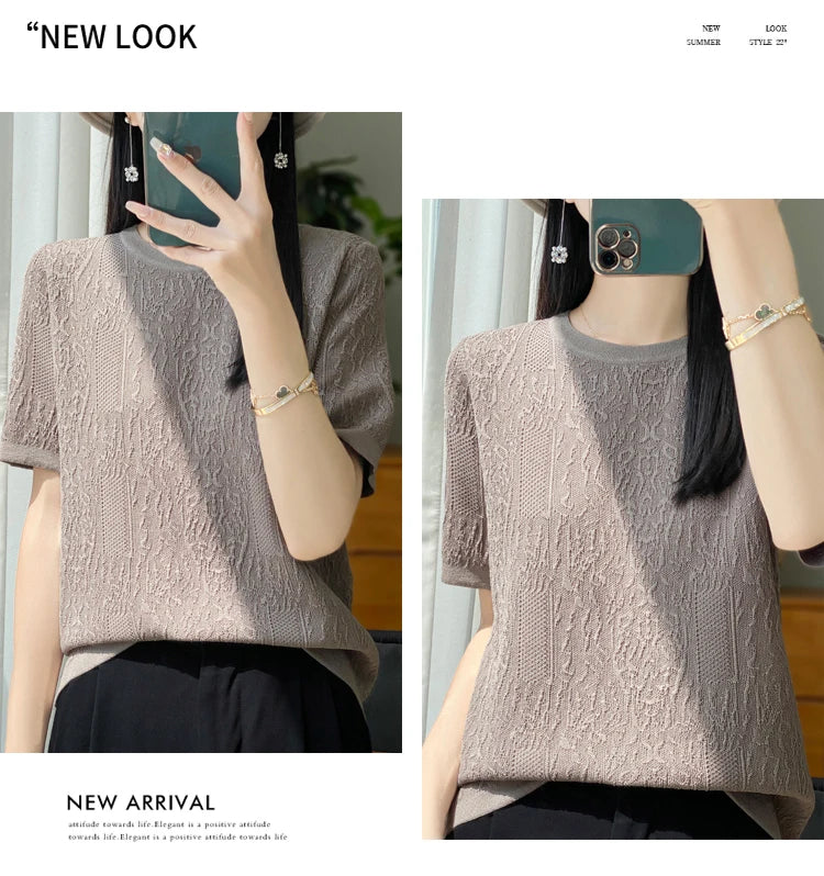 3D Relief Ice Silk Knitted Short Sleeved Women's Round Neck Loose Thin Jacquard Top Wth a Base T-shirt  2024Hot Selling Items