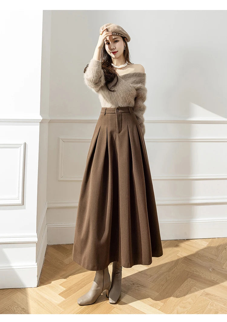 Elegant Women Faux Woolen Skirts For Office Ladies Pockets Casual Loose A-Line High Waist Midi Skirt 2023 Autumn Winter SK11