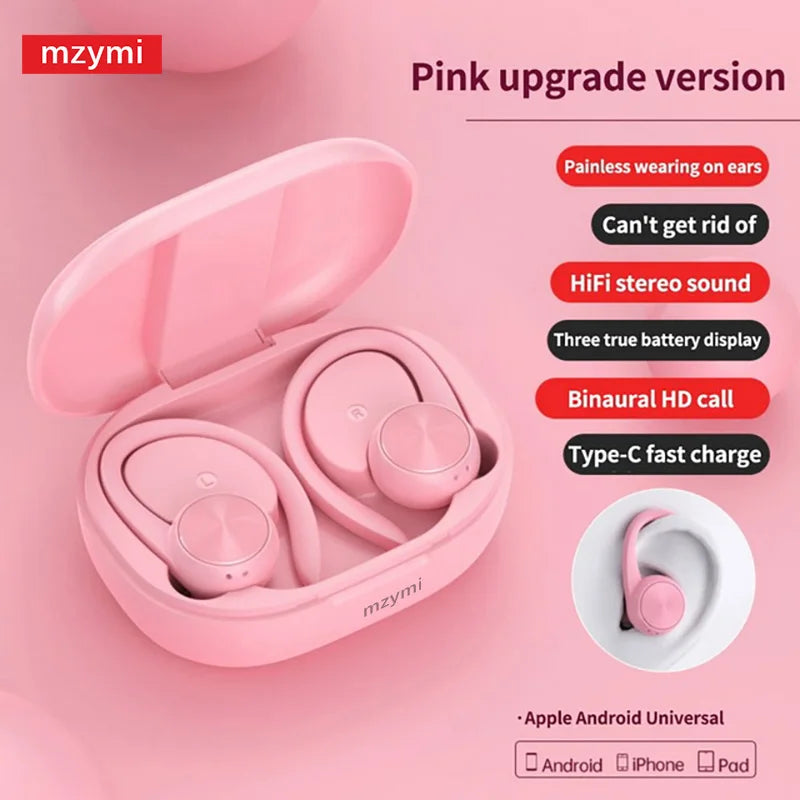 mzymi R200 Wireless Earbuds Open Ear Bluetooth Headphone EarHooks 9D Stereo Sound Earphones Sports LED Display Headset