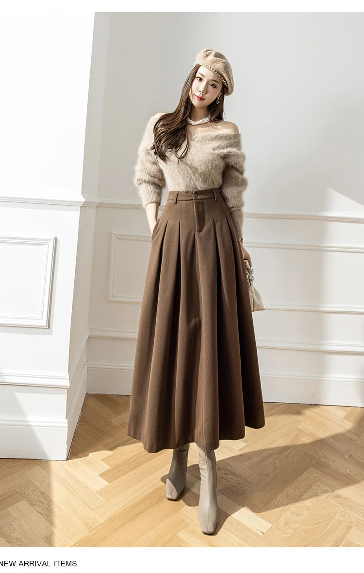 Elegant Women Faux Woolen Skirts For Office Ladies Pockets Casual Loose A-Line High Waist Midi Skirt 2023 Autumn Winter SK11