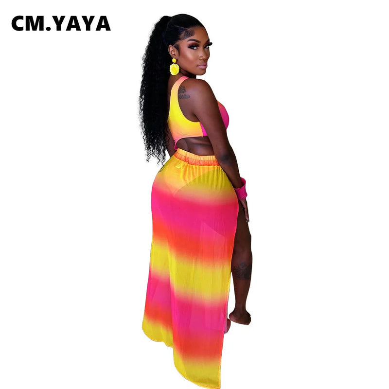 CM.YAYA Women Gradient Maxi Long Skirt Suit and Skew Collar Bodysuit Matching Two 2 Piece Set Outfit 2024 Summer Bikinis Set