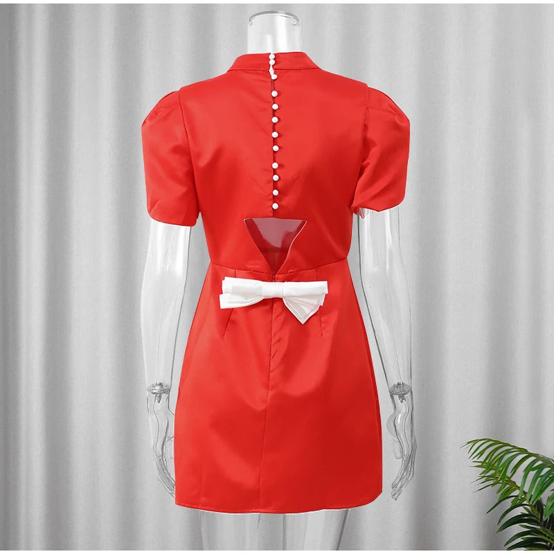 2024 Elegant Women Luxury Formal Hollow Red O-neck Mini Dress Fashion Bow Pad Shoulder Evening Dresses Lady Street Party Vestido