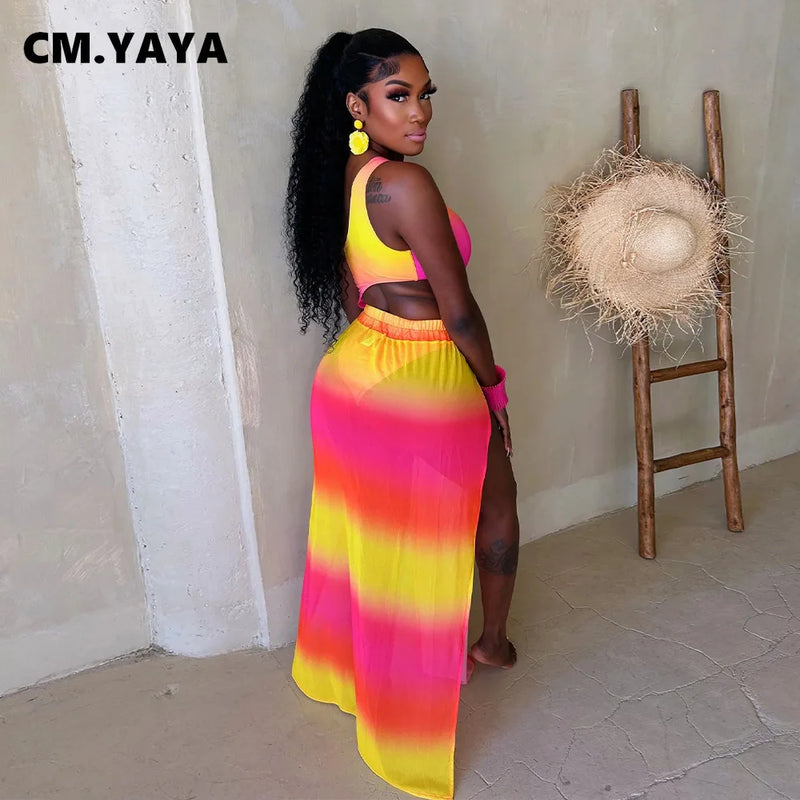 CM.YAYA Women Gradient Maxi Long Skirt Suit and Skew Collar Bodysuit Matching Two 2 Piece Set Outfit 2024 Summer Bikinis Set