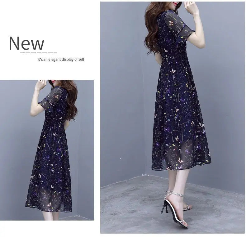 Stylish Casual Butterfly Printed Midi Dress Summer Bandage Elegant V-Neck Female Clothing A-Line Commute Ruffles Spliced Dresses