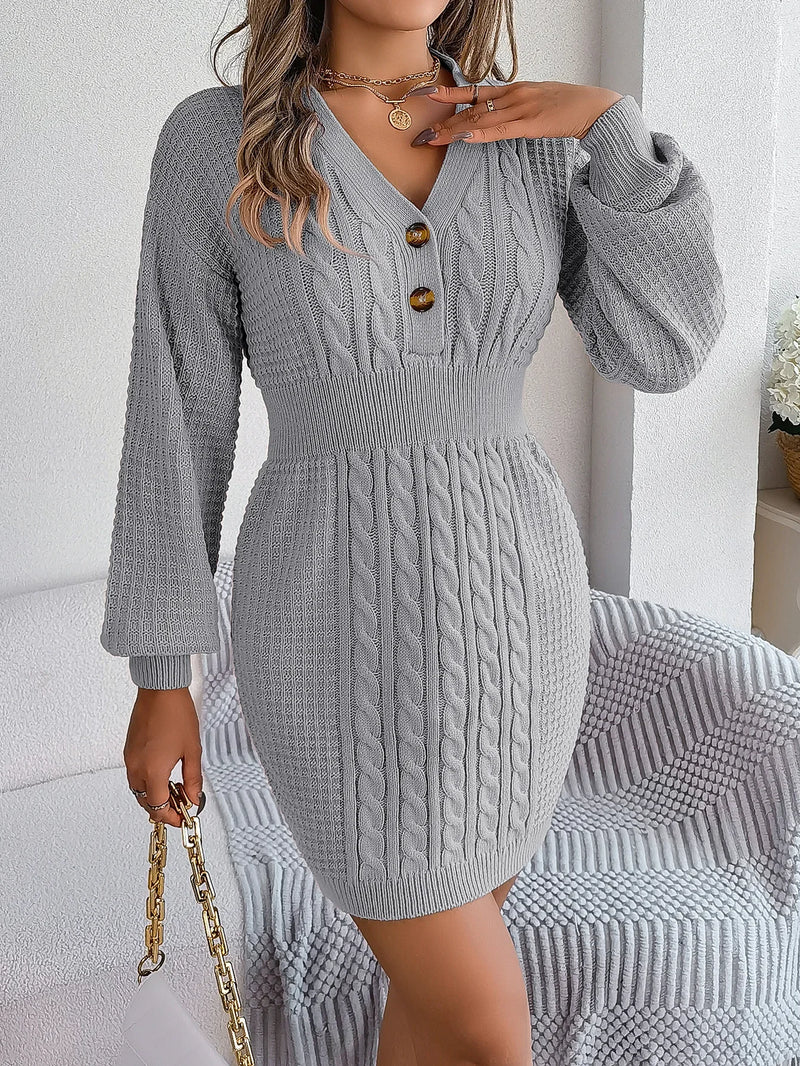 Twist Women Knitted Dress V-neck Autumn 2024 Knitwear Ladies Winter Lantern Sleeve Vintage Wool Vestido Dropshippping