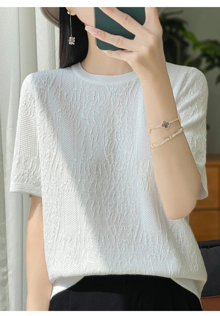 3D Relief Ice Silk Knitted Short Sleeved Women's Round Neck Loose Thin Jacquard Top Wth a Base T-shirt  2024Hot Selling Items