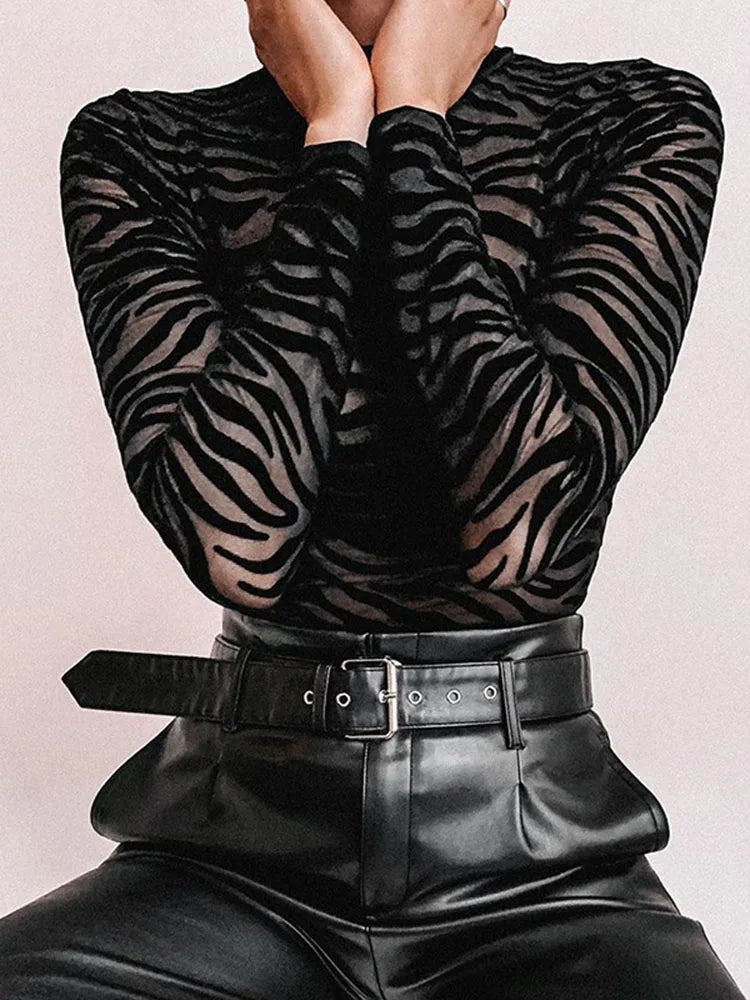 Black Mesh Transparent Sexy Bodysuit Long Sleeve Slim Skinny Stripe Mock Neck Casual Rompers Women Lady Party Club Body